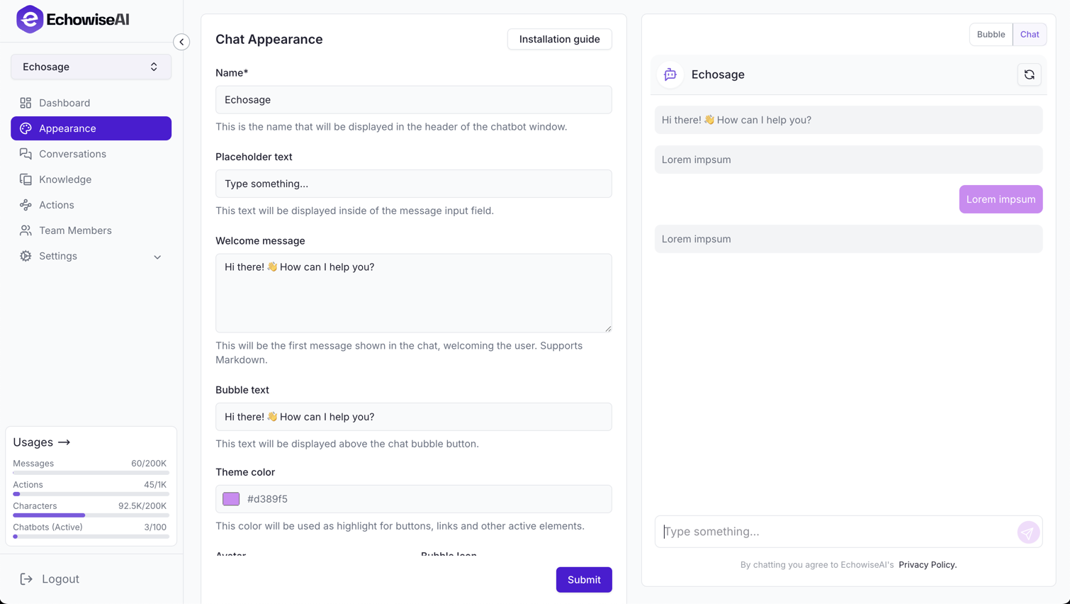Chatbot appearance configuration page